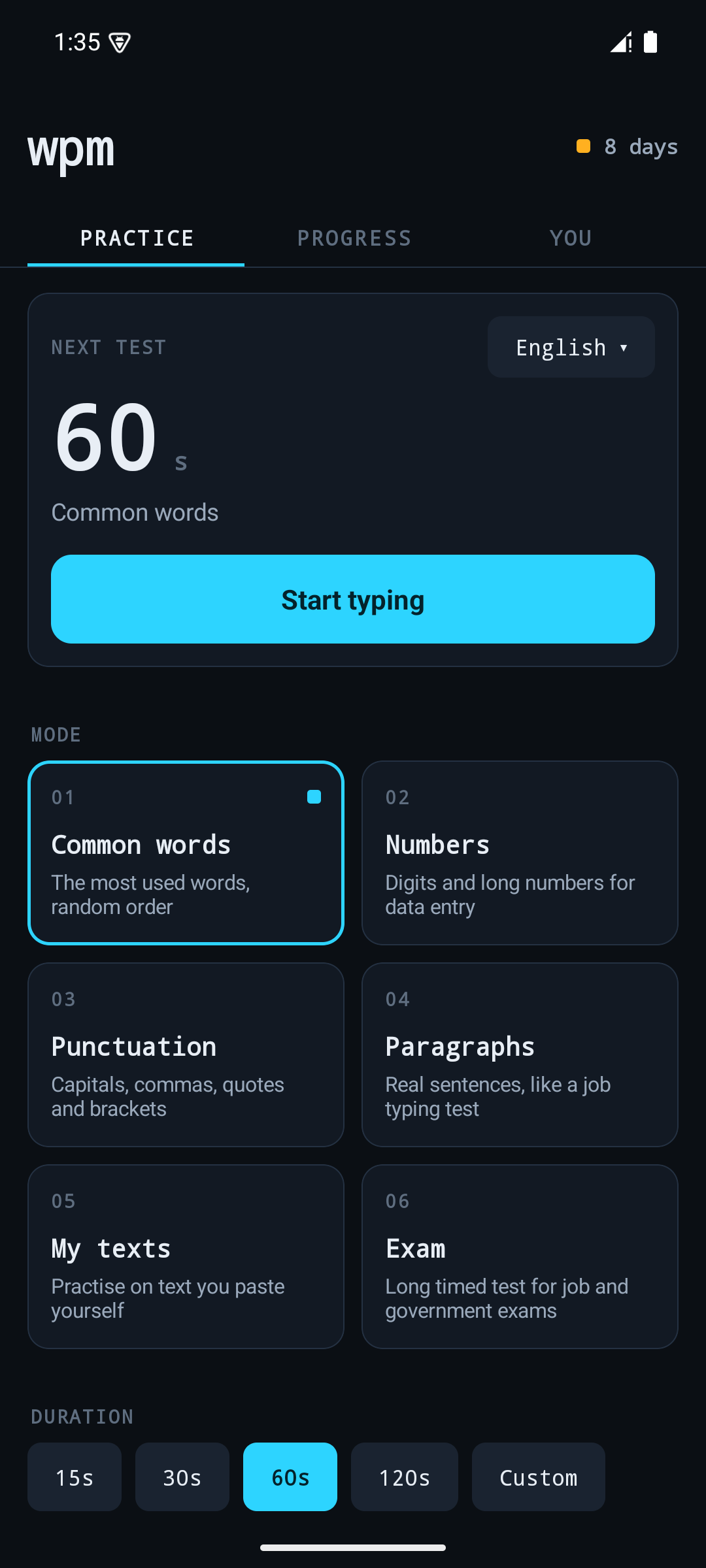 Practice tab with a Start tile, six modes, duration chips and the daily challenge